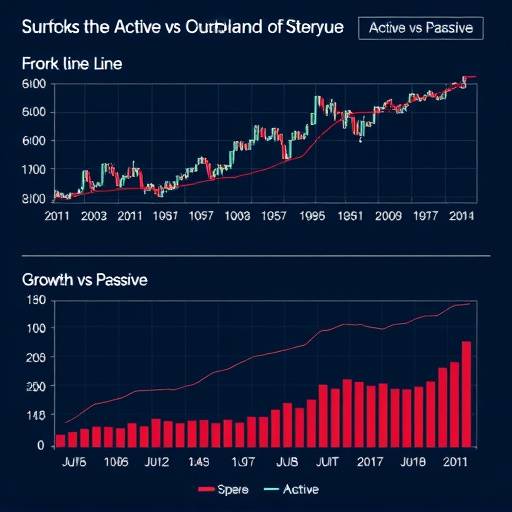 Active versus Passive investing showing a dynamic stock chart versus a steady growth line